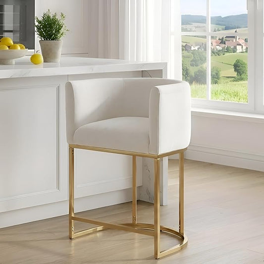 Contemporary Cream Velvet Bar Stool, 24" Upholstered Fabric Counter Height Barstool Kitchen Counter Island Stool with Screwed Together Golden Metal Base