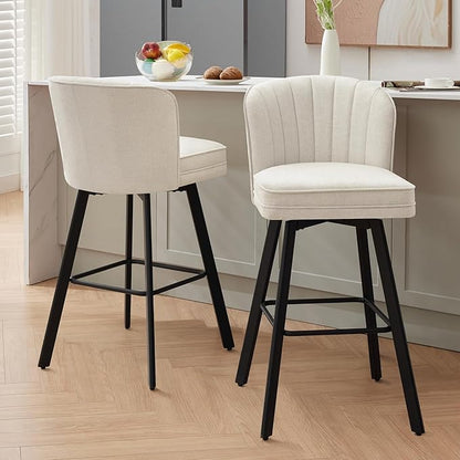 Swivel Counter Height Bar Stools Set of 2, 30'' Modern Barstools with Backs and Metal Legs, Upholstered Bar Chairs, Beige, Fabric Stools for Kitchen Island Chairs