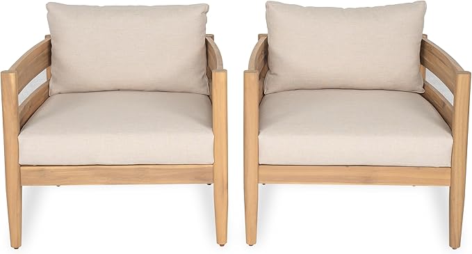 Christopher Knight Home Annie Acacia Wood Outdoor Chairs Set of 2, Patio Lounge Chair Outdoor with Slatted Back, Accent Chair with Cushions, Stylish Armchair for Balcony/Garden, Beige + Light Teak