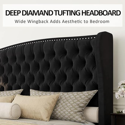 AMERLIFE King Size Platform Bed Frame, Velvet Upholstered Bed with Deep Button Tufted & Nailhead Trim Wingback Headboard/No Box Spring Needed/Black