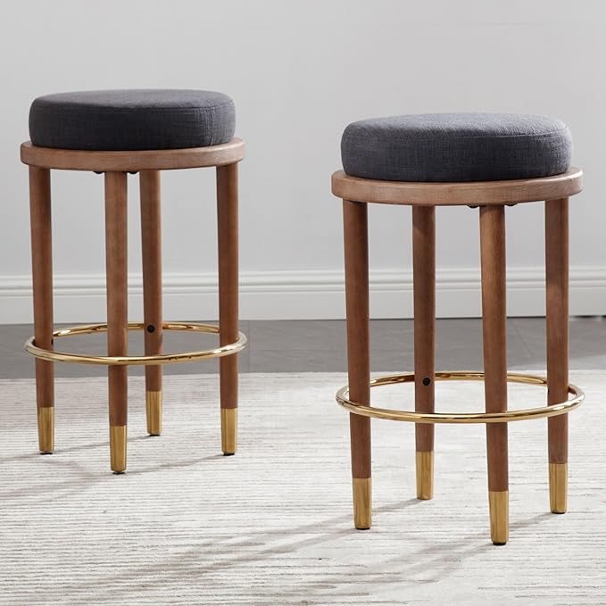 26'' Rustic Backless Bar Stools Set of 2, Counter Height Chairs With Hardwood Legs, Round Kitchen Island Stools, Farmhouse Charcoal Linen Upholstered Wood With Footrest