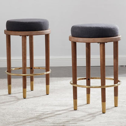 26'' Rustic Backless Bar Stools Set of 2, Counter Height Chairs With Hardwood Legs, Round Kitchen Island Stools, Farmhouse Charcoal Linen Upholstered Wood With Footrest