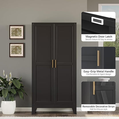 Bathroom Storage Cabinet Freestanding, 61" Tall Metal Cabinets with Doors and Shelves, Black Kitchen Pantry Cabinet, Utility Metal Locker Storage Cabinet for Garage, Home Office