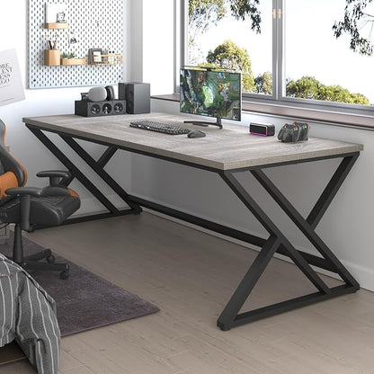 LVB 70.8" Long Office Desk, Modern Large Wood Metal Computer Desk, Industrial Double Workstation Desks for Two People, Rustic PC Executive Work Study Writing Computer Table for Home, Light Grey Oak