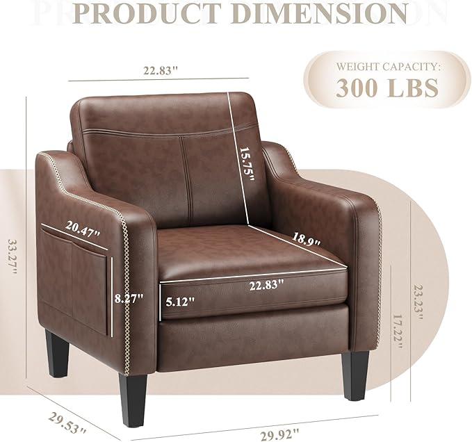 PU Leather Accent Chair, Mid-Century Modern Living Room Armchair Sofa with Removable Cushions, Solid Wood Frame & Stitched Armrest Design, Bedroom Chair with Plastic Legs, Chocolate Brown