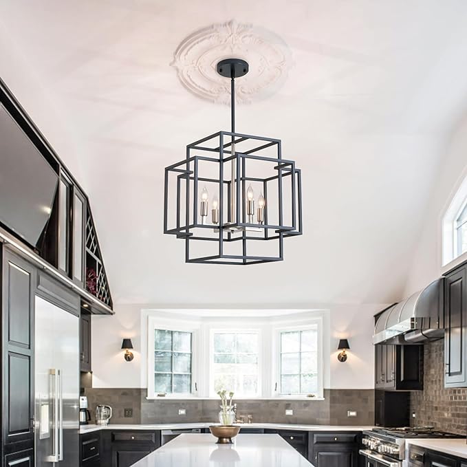 4-Light Farmhouse Chandeliers for Entryway, Industrial Foyer Lighting Fixtures, Foyer Chandeliers for High Ceilings, Modern Pendant Lights for Staircase Dining Room Kitchen Island, Black & Silver