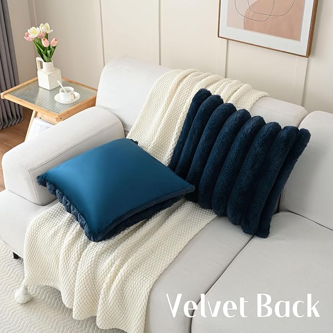 FUTEI Navy Blue Decorative Throw Pillow Covers 18x18 Inch Set of 2, Square Soft Faux Rabbit Fur Thick Striped Cushion Cover,Winter Home Decor for Couch Bed Living Room