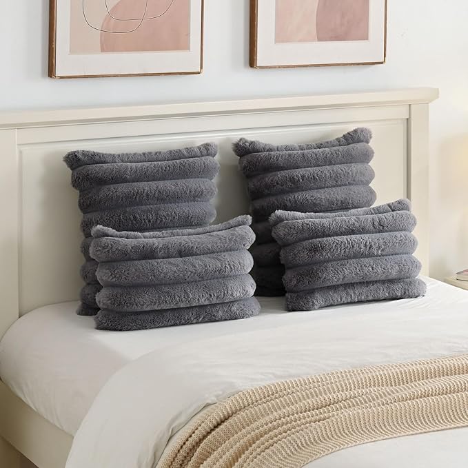 FUTEI Grey Decorative Throw Pillow Covers 12x20 Inch Set of 2, Square Soft Faux Rabbit Fur Thick Striped Lumbar Pillow Case,Winter Home Decor for Couch Bed Living Room