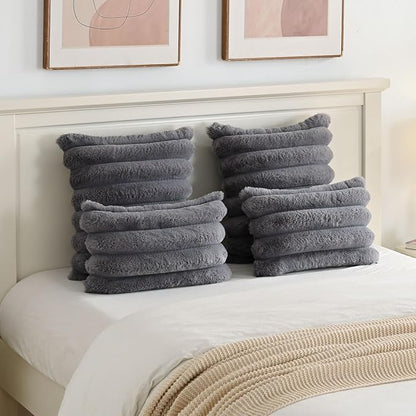 FUTEI Grey Decorative Throw Pillow Covers 20x20 Inch Set of 2, Square Soft Faux Rabbit Fur Thick Striped Cushion Cover,Winter Home Decor for Couch Bed Living Room