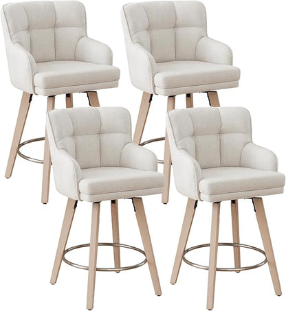 360°Swivel Counter Height Bar Stools with Back, 26 inch Solid Wood Legs, Bar Stool Modern Kitchen Island Chairs, Fabric (Beige- Fabric, 26" H- Set of 4)