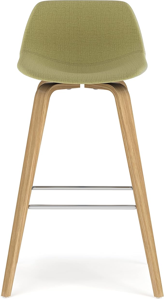 SIMPLIHOME Randolph Counter Stools (Set of 2) - 28 Inch Seat Height Upholstered Bentwood Kitchen Seats in Acid Green Linen Look Fabric, Mid Century Modern Seating with Curved Backrest and Footrest