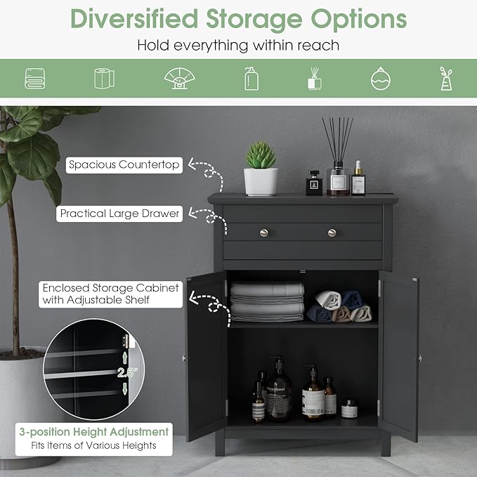 LOKO Bathroom Floor Cabinet, Kitchen Storage Cabinet with 1 Drawer, 2 Doors & 3-Position Adjustable Shelf, 2-Door Floor Storage Cabinet for Bathroom, Living Room, Entryway (Black)