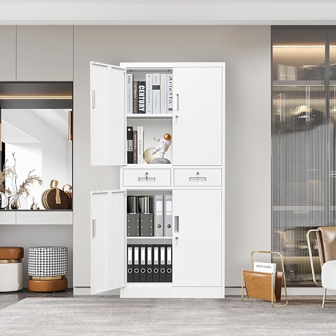Metal Storage Cabinet, 71 Inch Tall Metal Storage Cabinet with Doors and Shelves, Pantry Cabinets with 2 Drawers for Kitchen Storage, Garage Cabinet for Living, Dining Room, Assemble Required