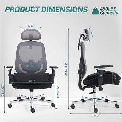Big and Tall Executive Office Chair, Ergonomic Comfy Mesh Desk Chair with 4D Arms & Extra Wide Seat, Adjustable Headrest & Lumbar Support, 750LBS Capacity, Black&Grey