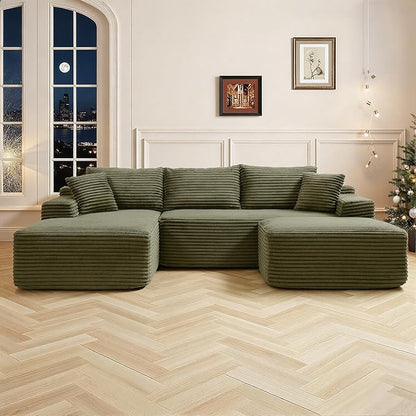 108 Inch Cloud Sectional Couch,Modern Modular Sectional Sofa with Deep Seat,Corduroy Boneless Couches with L-Shape Chaise for Living Room,No Assembly Required (Green, Right Facing Chaise + Ottoman)