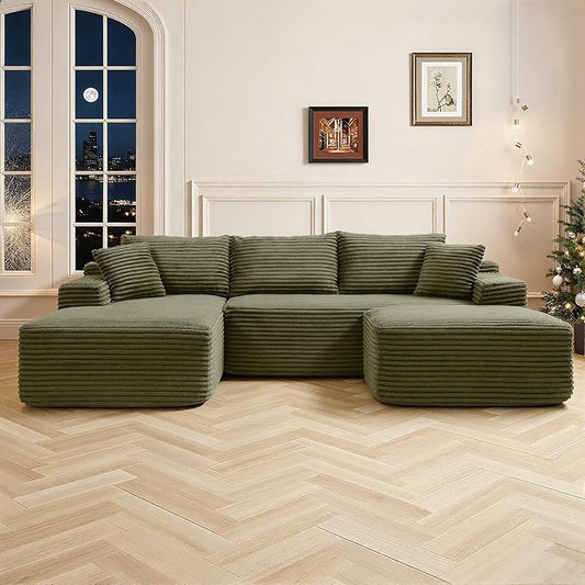 108 Inch Cloud Sectional Couch,Modern Modular Sectional Sofa with Deep Seat,Corduroy Boneless Couches with L-Shape Chaise for Living Room,No Assembly Required (Green, Right Facing Chaise + Ottoman)