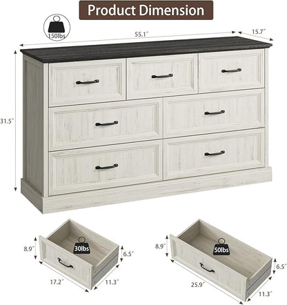 Farmhouse 7 Drawer Dresser for Bedroom, 55 Inch Wide Modern White Dresser TV Stand with Large Drawers & Bar Handles, Rustic Wood Chest of Drawers for Bedroom, Living Room, Hallway, Entryway.