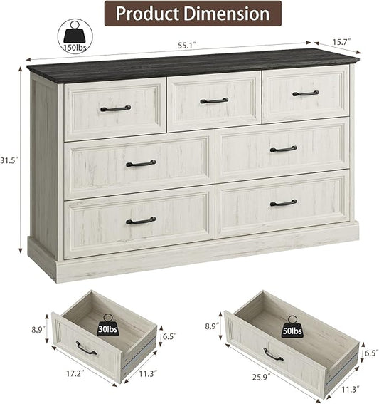 Farmhouse 7 Drawer Dresser for Bedroom, 55 Inch Wide Modern White Dresser TV Stand with Large Drawers & Bar Handles, Rustic Wood Chest of Drawers for Bedroom, Living Room, Hallway, Entryway.