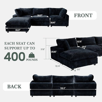 Modular Sectional Sofa, L Shaped Sofa with Chaise Ottoman, Deep Seat Cloud Sectional Couch, Couch Cushion Covers Removable, Comfy Modular Couches for Living Room, Office, Apartment, Black