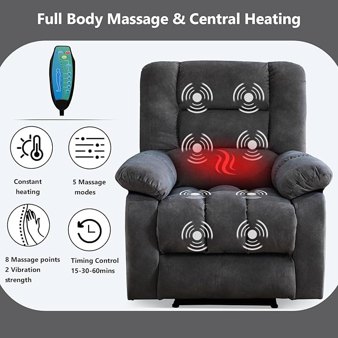 ANJHOME Massage Recliner Chairs with Heat and Vibration,Overstuffed Manual Rocking Reclining Chair for Living Room Bedroom (Grey)