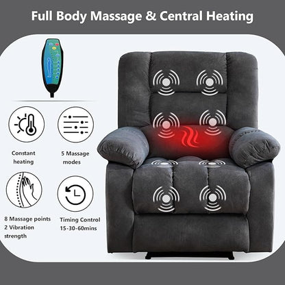 ANJHOME Massage Recliner Chairs with Heat and Vibration,Overstuffed Manual Rocking Reclining Chair for Living Room Bedroom (Grey)