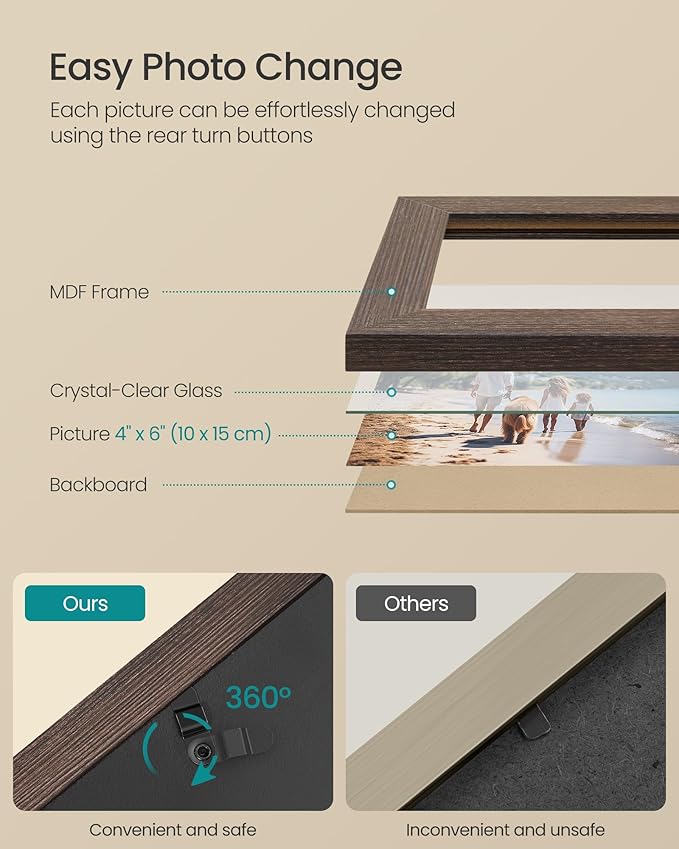 SONGMICS 4x6 Collage Picture Frames, 12-Pack Photo Collage Frame for Wall Decor, Glass Front, Assembly Required,Christmas Gift, Maroon Brown, Heather Greige, Ash Black URPF022M01
