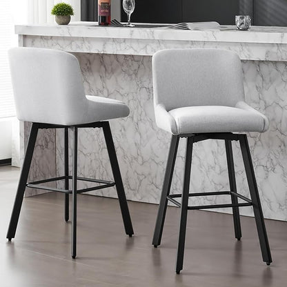 Swivel Bar Stools Set of 2, 30''H Upholstered Barstools with Backs, Modern Counter Height Bar Stool Chairs for Kitchen Island, Metal Legs, Fabric, Light Gray Counter Stools