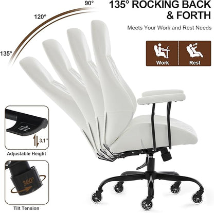 Home Office Desk Chair, Ergonomic High Back Leather Computer Chair with Lumbar Support, Adjustable Height & Recline, Swivel Executive Office Chair with Armrests and Rubber Casters, White