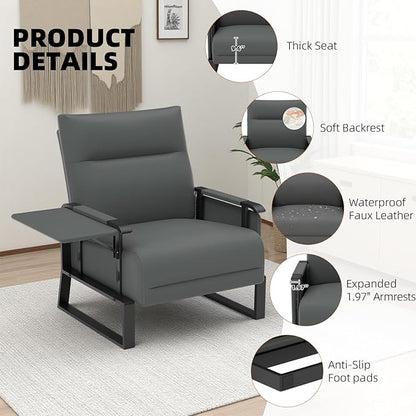 Upholstered Accent Chairs Set of 2, Modern Faux Leather Sofa Chairs with Foldable Side Tray Table & Storage Pocket, Small Accent Sofas for Living Room, Bedroom, Gray