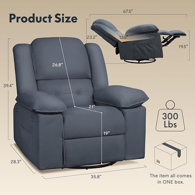 FLEXISPOT 360° Swivel Rocker Recliner for Adults, Massage Rocker Recliner Chair with Heating, Nursery Chair Swivel Glider Sofa for Living Room, Bedroom, Nursery, Slate
