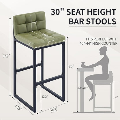 Bar Stools Set of 3, Modern Tall Counter Height Barstools with Back and Thickened Metal Legs, 30" Faux Leather Bar Chairs for Kitchen Island, Bar, Counter (Avocado Green, 3Pcs 30" Bar Stools)