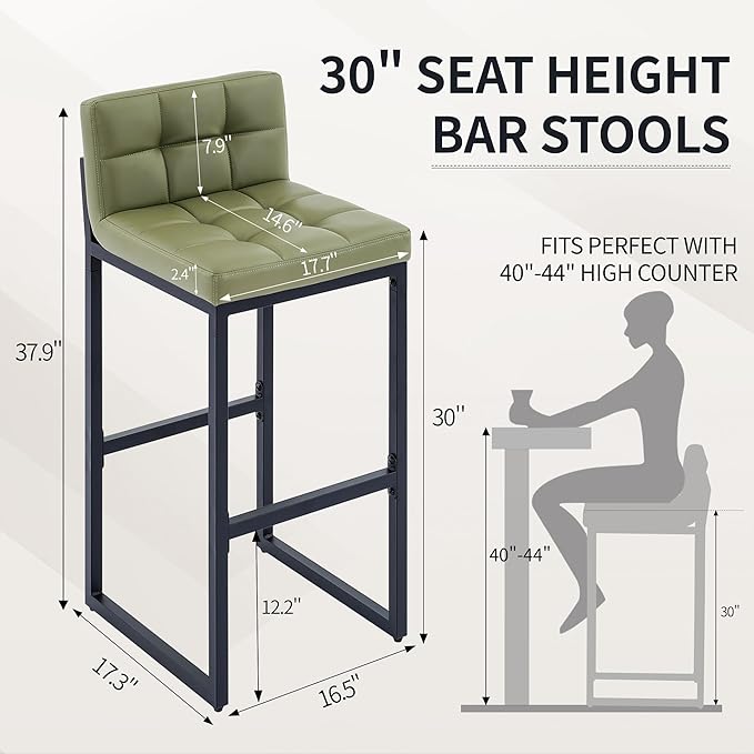 Set of 4 Bar Stools, Upholstered Bar Height Barstools with Low Back and Thickened Metal Frame, Modern Tall Bar Chairs for Kitchen Island, Bar, Counter (Avocado Green, 4Pcs 30" Bar Stools)