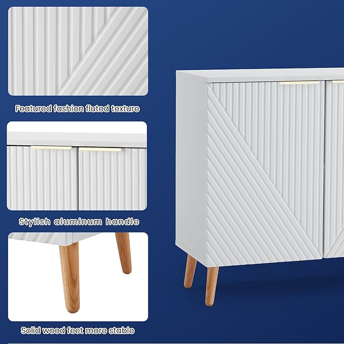 Fluted Storage Cabinet with Doors Set of 3, Wooden Sideboard Buffet Cabinet with Adjustable Shelves, Modern Accent Table for Living Room, Entryway, White