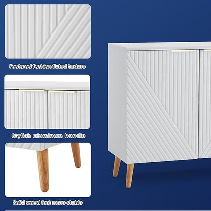 Fluted Storage Cabinet with Doors Set of 3, Wooden Sideboard Buffet Cabinet with Adjustable Shelves, Modern Accent Table for Living Room, Entryway, White