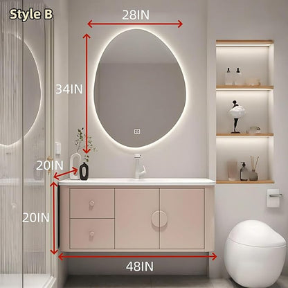 48IN Pink Modern Bathroom Vanity - Bathroom Vanities Set with 2 Drawers Wall Mounted | Rounded Corner Smart Defogging Mirror Cabinet with Lighting & Time Display, Side Opening Storage Shelf (Style B)