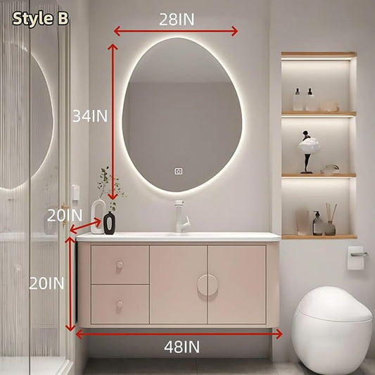 48IN Pink Modern Bathroom Vanity - Bathroom Vanities Set with 2 Drawers Wall Mounted | Rounded Corner Smart Defogging Mirror Cabinet with Lighting & Time Display, Side Opening Storage Shelf (Style B)
