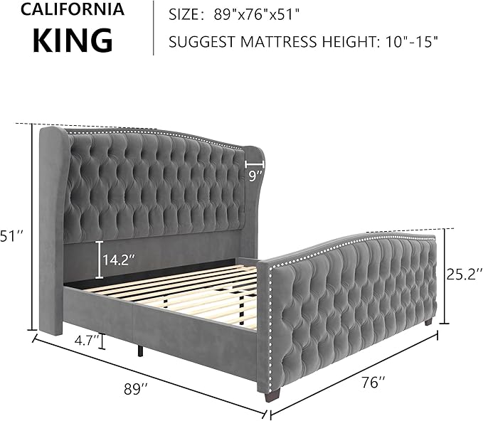 AMERLIFE California King Size Platform Bed Frame, Velvet Upholstered Bed with Deep Button Tufted & Nailhead Trim Wingback Headboard/No Box Spring Needed, Grey
