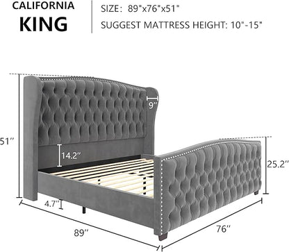 AMERLIFE California King Size Platform Bed Frame, Velvet Upholstered Bed with Deep Button Tufted & Nailhead Trim Wingback Headboard/No Box Spring Needed, Grey