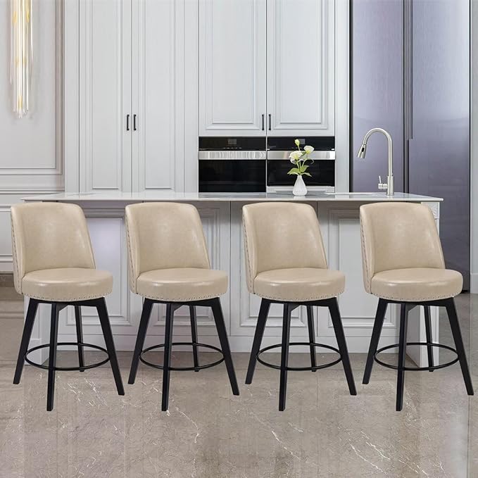 MINCETA Bar Stools Set of 4, PU Leather Barstools, 26 Inch Upholstered Counter Stools with High Back and Footrest, Swivel Counter Height Barstools for Kitchen Island Home Bar Khaki
