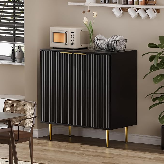 EOYUTLLY Black Fluted Storage Cabinet,Wood Sideboard Buffet Cabinet with Adjustable Shelf, Fluted Accent Cabinet with Gold Metal Legs, Console Table for Living Room,Dining Room,Kitchen