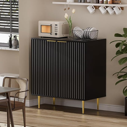 EOYUTLLY Black Fluted Storage Cabinet,Wood Sideboard Buffet Cabinet with Adjustable Shelf, Fluted Accent Cabinet with Gold Metal Legs, Console Table for Living Room,Dining Room,Kitchen
