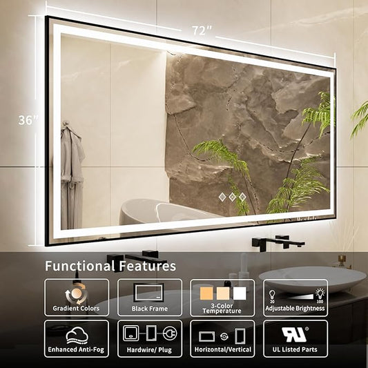 Lighted Vanity Mirror, 72x36 Inch Black Framed Gradient Front and Backlit Bathroom Mirrors for Vanity, 3 Colors Dimmable CRI>90, IP54 Enhanced Anti-Fog Wall Mounted LED Vanity Mirror