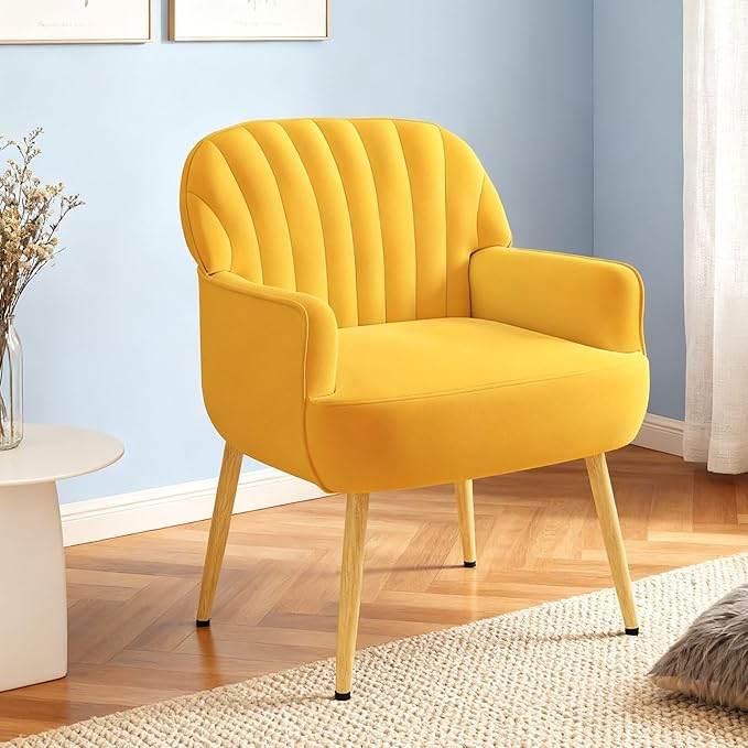 Velvet Accent Chair, Mid Century Modern Accent Chairs for Living Room, Comfy Upholstered Armchair with Metal Legs for Bedroom/Apartment/Office/Waiting Room, Yellow