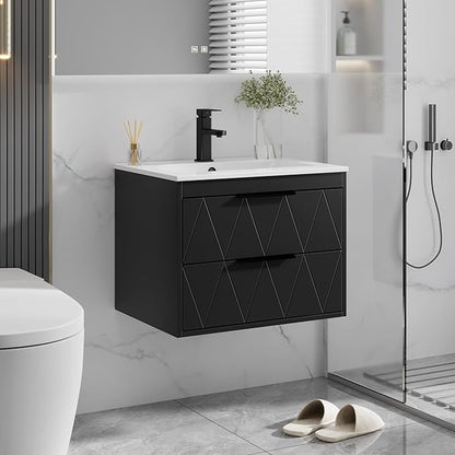 eclife 24" Bathroom Vanities Cabinet with Sink Combo, Wall Mounted Floating Cabinet W/Decor Line, Soft-Close System, 2 Extra Big Drawers, Matte Black Faucet, Black