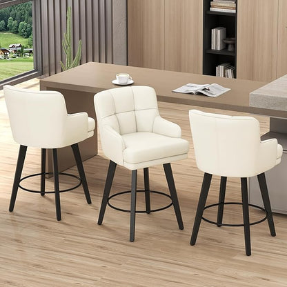 360°Swivel Counter Height Bar Stools with Back, 26 inch Solid Wood Legs, Bar Stool Modern Kitchen Island Chairs, Faux Leather (Beige- Faux Leather, 26" H- Set of 3)