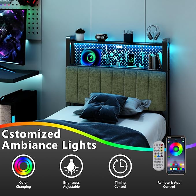 VINGLI Twin or Twin XL Size Headboard, Adjustable Upholstered Headboard with 2 Tier Shelves and Pegboard with Charging Stations and LED Lights, Modern Bed Headboard with Storage for Bedroom Decor
