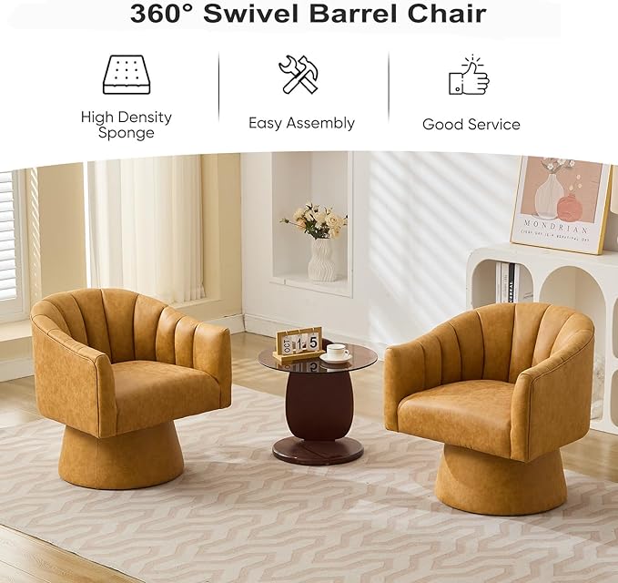 Swivel Accent Chair, Faux Leather 360° Swivel Barrel Chair Upholstered Modern Living Room Chair, Overstuffed Reading Armchair for Bedroom,Vanity,Office-Mustard