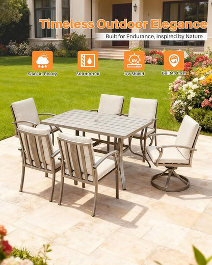 7-Piece Outdoor Dining Set, Aluminum Patio Dining Set with Umbrella Hole, Patio Table Furniture Sets with Cushions, 4 Dining Chairs, and 2 Swivel Chairs for Deck, Garden, Backyard, Limed Oak