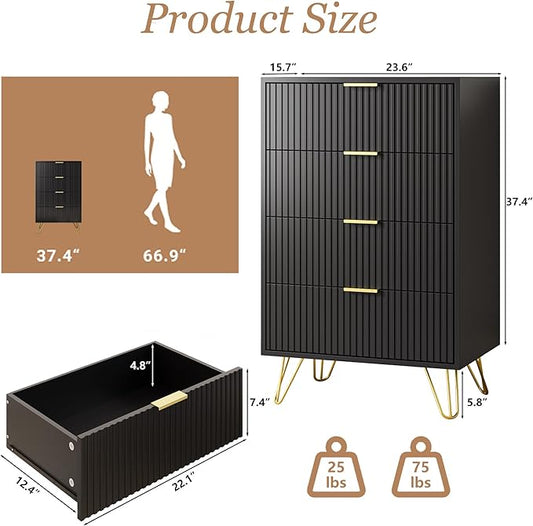 Black Dresser for Bedroom, 4 Drawer Dresser with Gold Metal Handles & Chests of Drawers, Chests of Drawers for Hallway, Bedroom