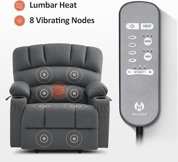 MCombo Power Lift Recliner Chair for Elderly, Lift Chair with Heat and Massage, Extra Wide Lift Recliner for Big People, Faux Leather R7096 (Medium-Wide, Grey)
